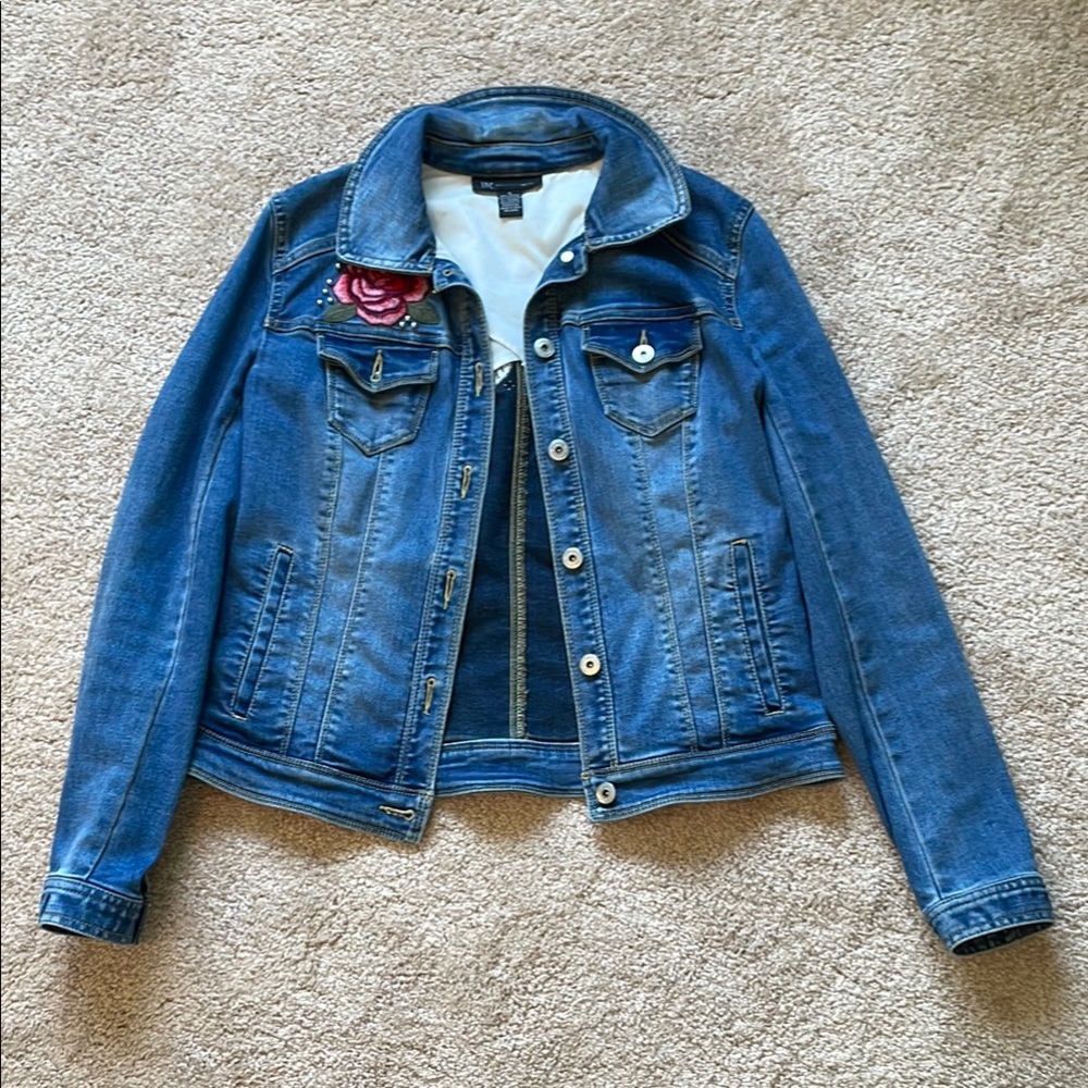 Blue Denim Jacket with Rose Patches